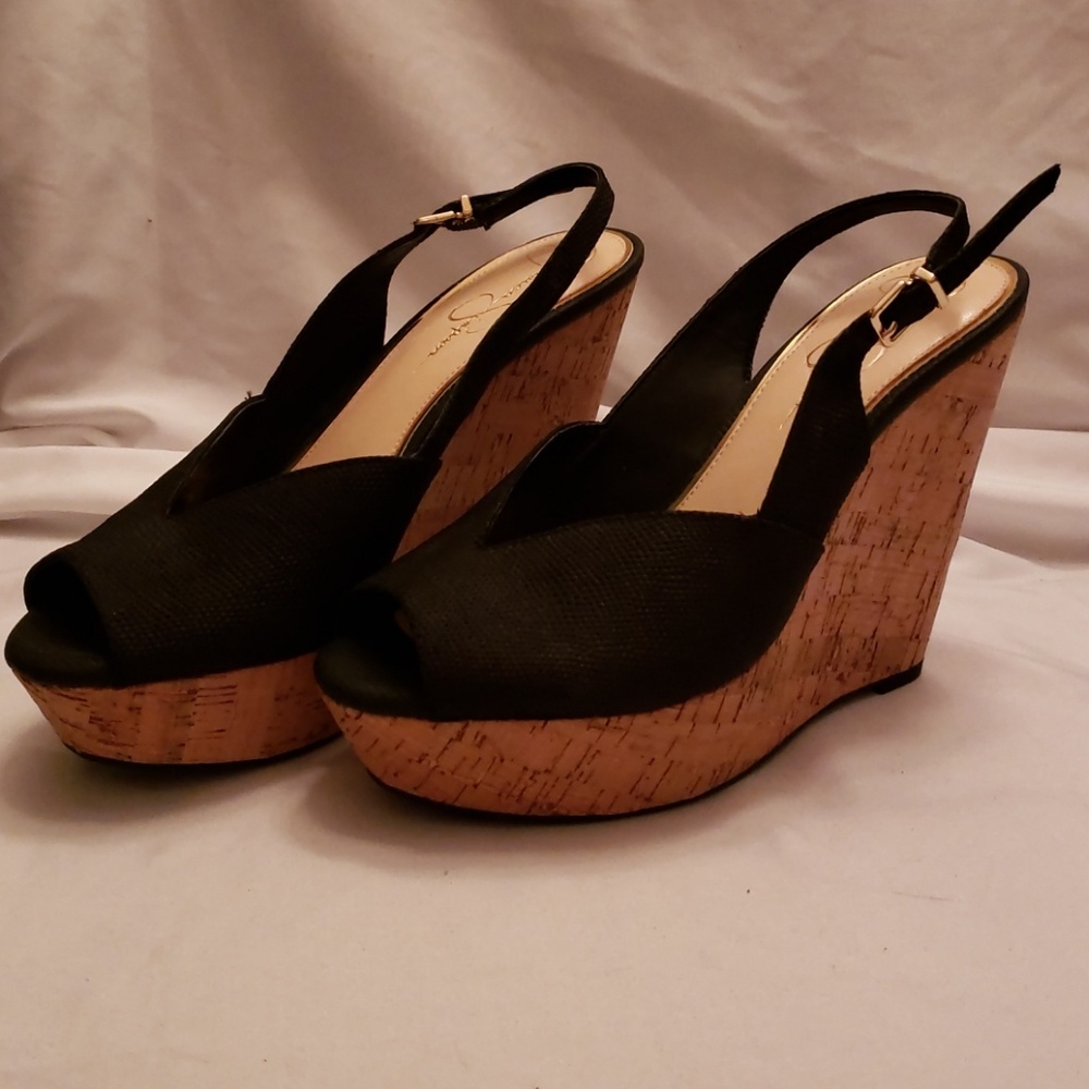 Jessica Simpson, black peep-toe, cork wedge